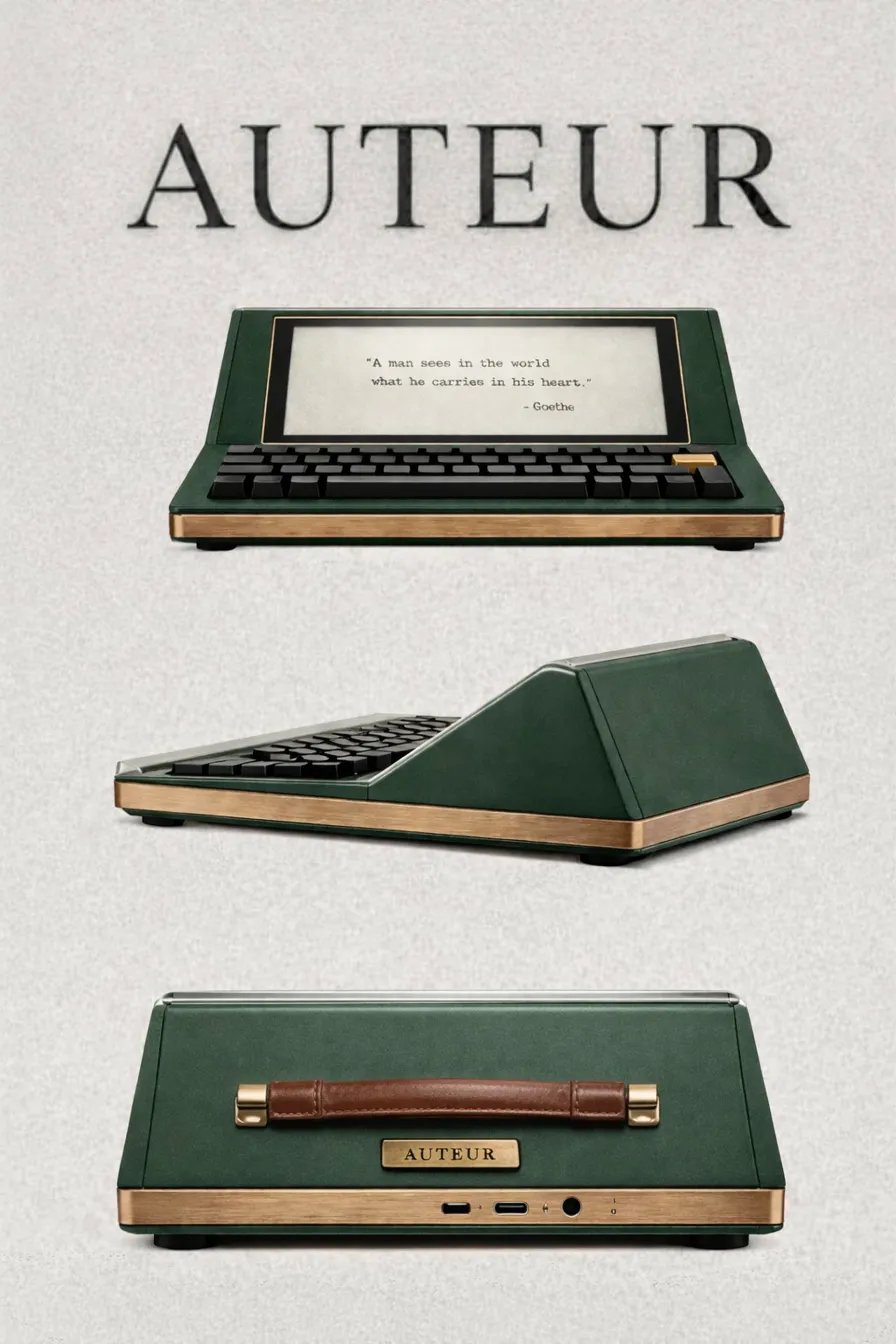 AUTEUR e-ink typewriter with brass accents and leather handle